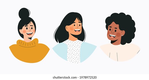 Portrait of diverse women with dental braces. Girls with braces on teeth. Multicultural young female character with dental treatment. Smiling person in flat cartoon style isolated vector illustration 