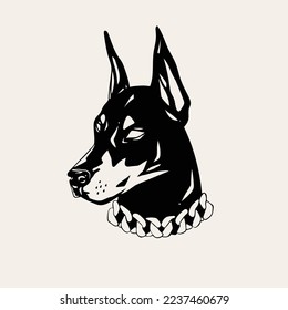 Portrait of a Doberman dog. Black dog's head. Calm dog with chain collar. Hand drawn modern isolated Vector illustration. Tattoo idea, t-shirt print, dog training logo template