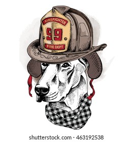 Portrait of a Doberman dog in Firefighter retro helmet and in cravat. Vector illustration.