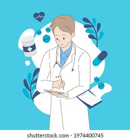 Portrait of doctor checking report in clinic or hospital with medical supply. Healthcare and medical concept. Hand draw style. Vector illustration.