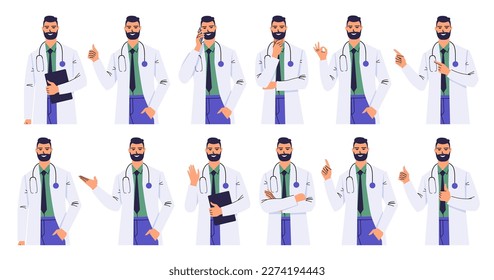 Retrato de un médico con diferentes poses y gestos. Hombre mostrando los pulgares hacia arriba, bien, mano, dedos índice. Un médico con un abrigo blanco piensa, cruza los brazos, da consejos, saluda, llama. Vector plano.