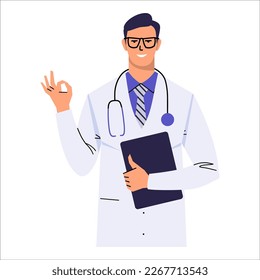 Portrait of a doctor in glasses gesturing OK. A man with a stethoscope and a clipboard shows that everything is cool and wonderful. Medical worker in white coat isolated. Flat vector.
