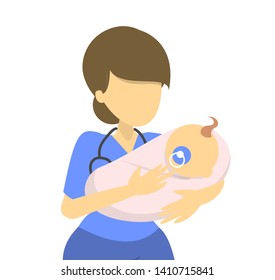 Portrait Of The Doctor Holding Newborn. Medical Female Worker In The Uniform And Stethoscope. Midwife Or Nurse With Little Baby.