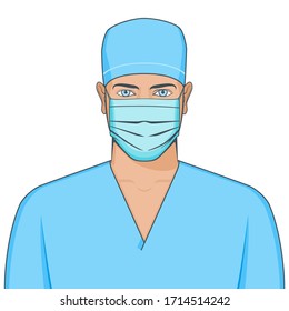 Portrait of doctor wearing medical mask. Realistic vector illustration