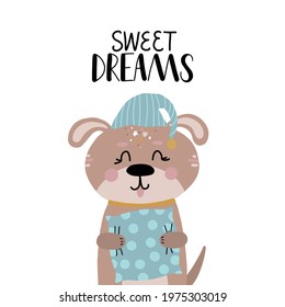 Portrait of a dog animal with 
pillow.Hand-drawn dog in Scandinavian style, flat illustration with lettering for children's room, nursery decor, postcards, print on baby clothes, apparel,poster.Vector