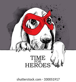 Portrait of a dog Basset Hound wearing red mask of hero. Vector illustration.