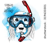 Portrait of a dog in blue diving mask with red tube. Vector illustration.