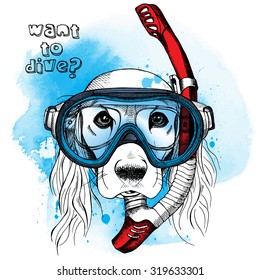 Portrait of a dog in blue diving mask with red tube. Vector illustration.