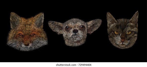 portrait of a dog, cat, fox. traditional stylish fashionable embroidered embroidery on a black background. sketch for printing on fabric, bag, clothes, accessories and design. trend vector. chihuahua