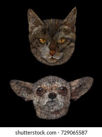 portrait of a dog and cat. traditional stylish fashionable embroidered embroidery on a black background. sketch for printing on fabric, bag, clothes, accessories and design. trend vector. chihuahua