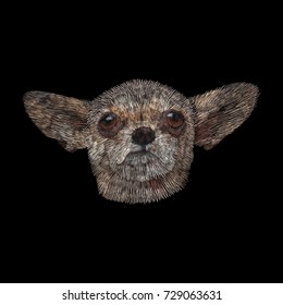 portrait of a dog chihuahua. traditional stylish fashionable embroidered embroidery on a black background. sketch for printing on fabric, bag, clothes, accessories and design. trend vector