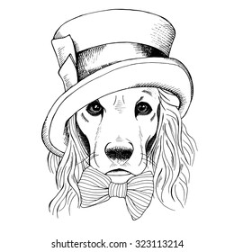 Portrait of a dog Cocker Spaniel in a Hatter top hat and with bow. Vector illustration.