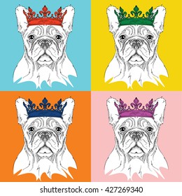 Portrait of dog with the crown. Pop art style vector illustration.