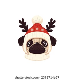 Portrait of a dog. Cute pug wearing a Santa Claus hat. Vector illustration with a Christmas theme.