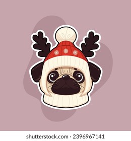 Portrait of a dog. Cute pug wearing a Santa Claus hat. Vector illustration with a Christmas theme.