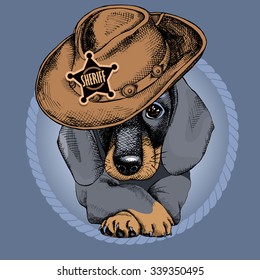 Portrait of a dog Dachshund in cowboy's hat. Vector illustration.