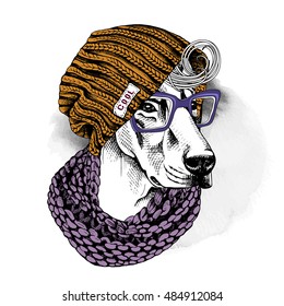 Portrait of a dog Doberman in a hipster knitted hat, in a violet scarf with a glasses. Vector illustration.