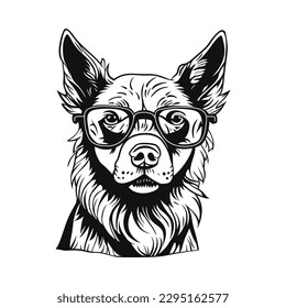 Portrait of dog in eye glasses. Black and white hand drawn vector illustration
