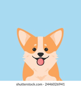 Porträt eines Hundes Gesicht Cartoon Illustration. Welsh Corgi Pembroke lächelnd mit Zunge nach draußen. Vektorgrafik.