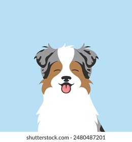 Portrait of a dog face cartoon illustration. Shepherd Australian dog smiling with tongue sticking out. Pets, dog lovers, flat vector style.