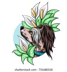 Portrait of a dog with flowers. Vector illustration.