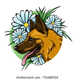Portrait of a dog with flowers. Vector illustration.