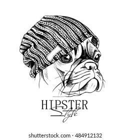 Portrait of a dog French Bulldog in a hipster knitted hat. Vector black and white illustration.