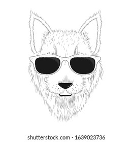 Portrait of a dog in the glasses in black and white color.