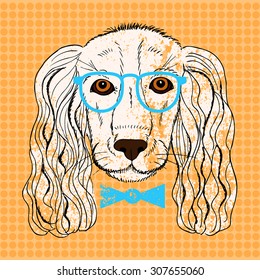 Portrait of a dog with glasses and bow tie. Can be used to design for T-shirt, card, poster, invitation. Hand drawn vintage fashion Cocker Spaniel. Vector illustration