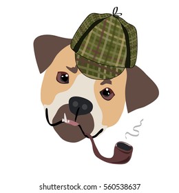Portrait of a dog in green deerstalker with tobacco pipe