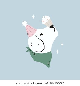 A portrait of a dog in a holiday hat and cupcake at dogs nose. Hand drawn vector illustration for prints, Birthday cards