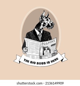 Portrait of a dog in a human costume reading a newspaper. Vector illustration of animal. Motivational quotes Big Boss.