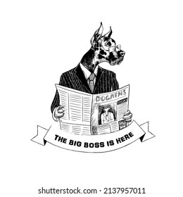 Portrait of a dog in a human costume reading a newspaper. Vector illustration of animal. Motivational quotes Big Boss is here.