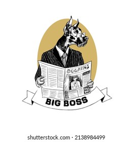 Portrait of a dog in a human costume reading a newspaper. Vector illustration of animal. Motivational quotes Big Boss is here.