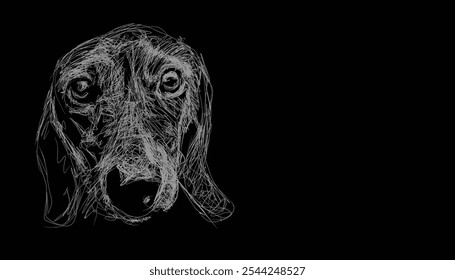 portrait of dog line art scribble in the dark background with negative space