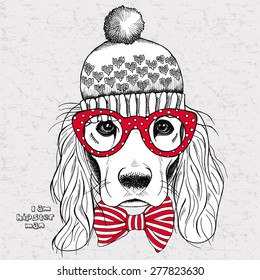 Portrait of a dog with long ears in hat, glasses and red tie. Vector illustration.