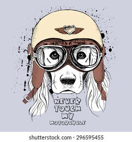 Portrait of a dog with long ears in a retro motorcyclist helmet. Vector illustration.