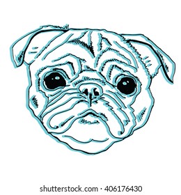 Portrait of a dog. Merry Pug. Pedigree dog. The head of a dog. Pet. Linear ari. Black and white drawing by hand. Dudling. Stylized. Decorative.