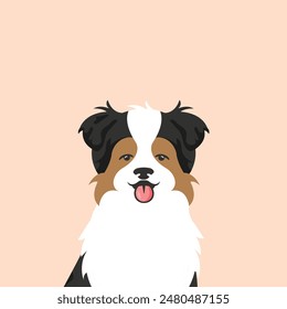 Retrato de una ilustración de bozal de perro.  Perro pastor australiano sonriendo con la lengua fuera. Mascotas, amantes de los perros, estilo Vector plano.