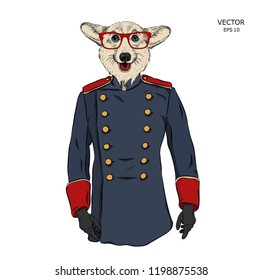 Portrait of dog in old military uniform. Can be used for printing on T-shirts, flyers, etc. Vector illustration
