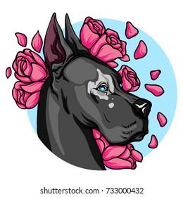 Portrait of a dog on a background of roses. Vector illustration.