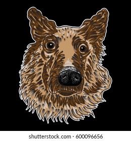 Portrait of  a dog on black background. Hand drawn puppy illustration. T- shirt and tattoo doggy concept design in black and color. Vector.