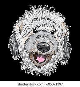 Portrait of  a dog on black background. Hand drawn puppy illustration. T- shirt and tattoo doggy concept design in black and color. Vector.