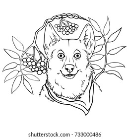 Portrait of a dog on a rowan tree background. Vector illustration.