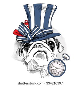 Portrait dog Pug in a blue striped steampunk top hat and with watch. Vector illustration.