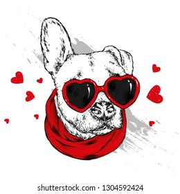 Portrait of a dog or puppy with glasses in shape of heart. Vector illustration for greeting card or poster, print on clothes.