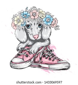 Portrait of a dog or puppy. Vector illustration for greeting card or poster, print on clothes. Flowers wreath.
