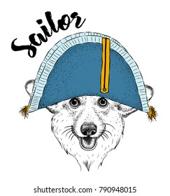 Portrait of dog in sailor hat and with tobacco pipe. Vector illustration.