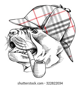 Portrait of a dog Staffordshire bull terrier in checkered deerstalker hat with smoking pipe. Vector illustration.