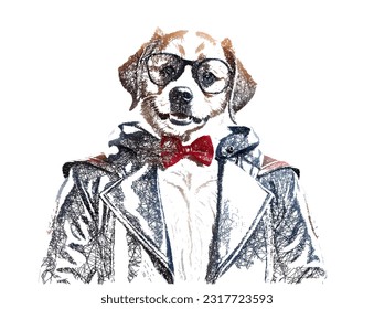 Portrait of a dog wearing a leather jacket. Anthropomorphic dog. Scribble sketch. Linear Vector illustration.